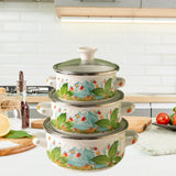 Maxbell 3 Pieces Enamel Stockpot with Lid Gifts Soup Pot for Restaurant Home Cooking Green Leaves