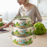 Maxbell 3 Pieces Enamel Stockpot with Lid Gifts Soup Pot for Restaurant Home Cooking Green Leaves