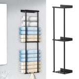 Maxbell Towel Rack with Shelf with Hooks Towel Storage for Camping RV Small Bathroom Black