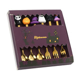 Maxbell Halloween Spoon and Fork Set Lovely Cutlery Gift Box for Fruit Home Festival Gold with 6pcs