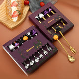 Maxbell Halloween Spoon and Fork Set Lovely Cutlery Gift Box for Fruit Home Festival Gold with 4pcs