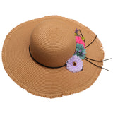 Fashion Women's Wide Brim Straw Hat Beach Sun Hat Flower Hat UPF50+ Khaki