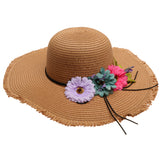 Fashion Women's Wide Brim Straw Hat Beach Sun Hat Flower Hat UPF50+ Khaki