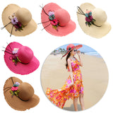 Fashion Women's Wide Brim Straw Hat Beach Sun Hat Flower Hat UPF50+ Khaki