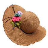 Fashion Women's Wide Brim Straw Hat Beach Sun Hat Flower Hat UPF50+ Khaki