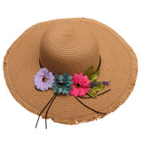 Fashion Women's Wide Brim Straw Hat Beach Sun Hat Flower Hat UPF50+ Khaki