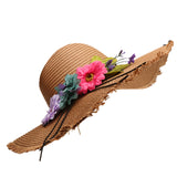 Fashion Women's Wide Brim Straw Hat Beach Sun Hat Flower Hat UPF50+ Khaki