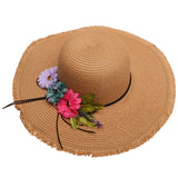 Fashion Women's Wide Brim Straw Hat Beach Sun Hat Flower Hat UPF50+ Khaki