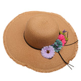 Fashion Women's Wide Brim Straw Hat Beach Sun Hat Flower Hat UPF50+ Khaki