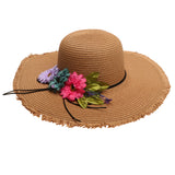 Fashion Women's Wide Brim Straw Hat Beach Sun Hat Flower Hat UPF50+ Khaki