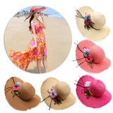 Fashion Women's Wide Brim Straw Hat Beach Sun Hat Flower Hat UPF50+ Khaki