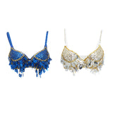 Maxbell Maxbell Belly Dance Beaded Bra Sequins Tassel Top Sexy Dancing Singer Costume Blue