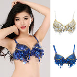 Maxbell Maxbell Belly Dance Beaded Bra Sequins Tassel Top Sexy Dancing Singer Costume Blue
