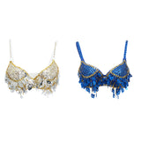 Maxbell Maxbell Belly Dance Beaded Bra Sequins Tassel Top Sexy Dancing Singer Costume Blue