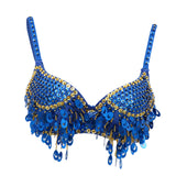 Maxbell Maxbell Belly Dance Beaded Bra Sequins Tassel Top Sexy Dancing Singer Costume Blue