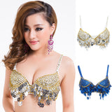 Maxbell Maxbell Belly Dance Beaded Bra Sequins Tassel Top Sexy Dancing Singer Costume Blue