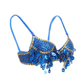 Maxbell Maxbell Belly Dance Beaded Bra Sequins Tassel Top Sexy Dancing Singer Costume Blue