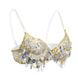 Maxbell Maxbell Belly Dance Beaded Bra Sequins Tassel Top Sexy Dancing Singer Costume Silver