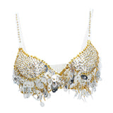Maxbell Maxbell Belly Dance Beaded Bra Sequins Tassel Top Sexy Dancing Singer Costume Silver