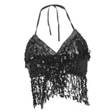 Belly Dance Costume Bra Halter Top Sequin Performance Outfits Black