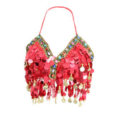 Maxbell Maxbell Belly Dance Beaded Bra Sequins Tassel Top Sexy Dancing Singer Costume Red