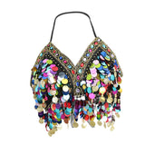 Maxbell Maxbell Belly Dance Beaded Bra Sequins Tassel Top Sexy Dancing Singer Costume Black
