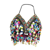Maxbell Maxbell Belly Dance Beaded Bra Sequins Tassel Top Sexy Dancing Singer Costume Black