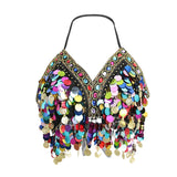 Maxbell Maxbell Belly Dance Beaded Bra Sequins Tassel Top Sexy Dancing Singer Costume Black
