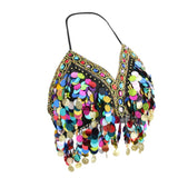 Maxbell Maxbell Belly Dance Beaded Bra Sequins Tassel Top Sexy Dancing Singer Costume Black