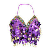 Maxbell Maxbell Belly Dance Beaded Bra Sequins Tassel Top Sexy Dancing Singer Costume Purple