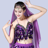 Maxbell Maxbell Belly Dance Beaded Bra Sequins Tassel Top Sexy Dancing Singer Costume Purple