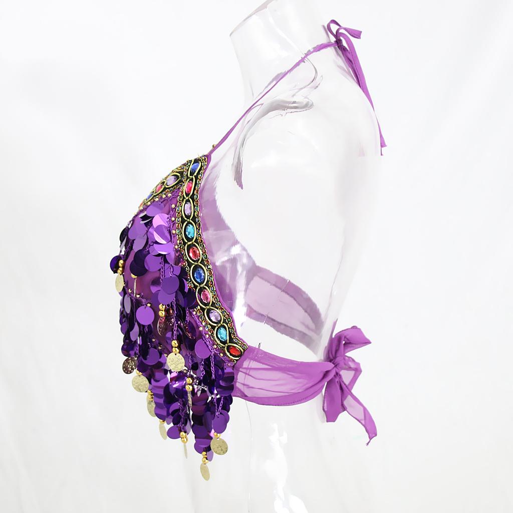 Maxbell Maxbell Belly Dance Beaded Bra Sequins Tassel Top Sexy Dancing Singer Costume Purple