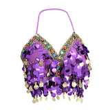 Maxbell Maxbell Belly Dance Beaded Bra Sequins Tassel Top Sexy Dancing Singer Costume Purple
