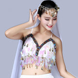 Maxbell Maxbell Belly Dance Beaded Bra Sequins Tassel Top Sexy Dancing Singer Costume White
