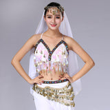 Maxbell Maxbell Belly Dance Beaded Bra Sequins Tassel Top Sexy Dancing Singer Costume White
