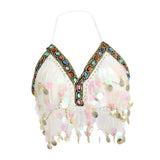 Maxbell Maxbell Belly Dance Beaded Bra Sequins Tassel Top Sexy Dancing Singer Costume White