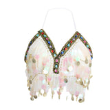 Maxbell Maxbell Belly Dance Beaded Bra Sequins Tassel Top Sexy Dancing Singer Costume White