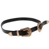 Maxbell Vintage Womens Double Pin buckle Adjustable Leather Jeans Dress Belt Gold