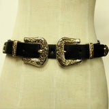 Maxbell Vintage Womens Double Pin buckle Adjustable Leather Jeans Dress Belt Gold