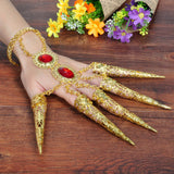 Maxbell 2x Girl Belly Dance Gold Bracelet 5 Finger Nails Thai Costume Hand Jewerlly