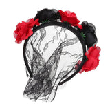 Maxbell Flower Headband with Veil Floral Headpiece Fancy Dress Headwear Black+Red