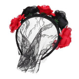 Maxbell Flower Headband with Veil Floral Headpiece Fancy Dress Headwear Black+Red