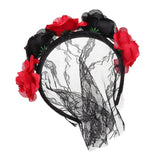 Maxbell Flower Headband with Veil Floral Headpiece Fancy Dress Headwear Black+Red