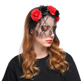 Maxbell Flower Headband with Veil Floral Headpiece Fancy Dress Headwear Black+Red
