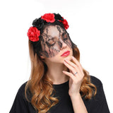 Maxbell Flower Headband with Veil Floral Headpiece Fancy Dress Headwear Black+Red