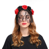 Maxbell Flower Headband with Veil Floral Headpiece Fancy Dress Headwear Black+Red