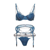 Maxbell Maxbell Crystal Chain Sexy Lingerie Women 3 Piece Lace Bodysuit Bra and Panty Set M