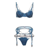 Maxbell Maxbell Crystal Chain Sexy Lingerie Women 3 Piece Lace Bodysuit Bra and Panty Set L