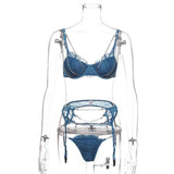 Maxbell Maxbell Crystal Chain Sexy Lingerie Women 3 Piece Lace Bodysuit Bra and Panty Set L