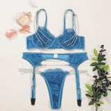 Maxbell Maxbell Crystal Chain Sexy Lingerie Women 3 Piece Lace Bodysuit Bra and Panty Set L